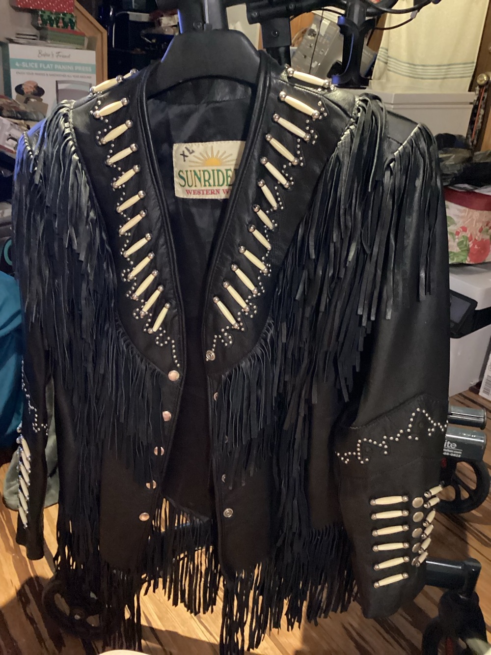 Black Fringed Leather Jacket with Stud & Bone Accents